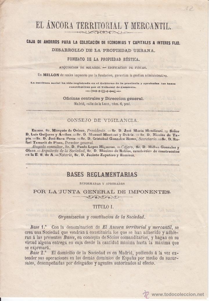 Documenti antichi: PROSPECTO. EL &Aacute;NCORA TERRITORIAL Y MERCANTIL. CAJA DE AHORROS. MADRID, 1865