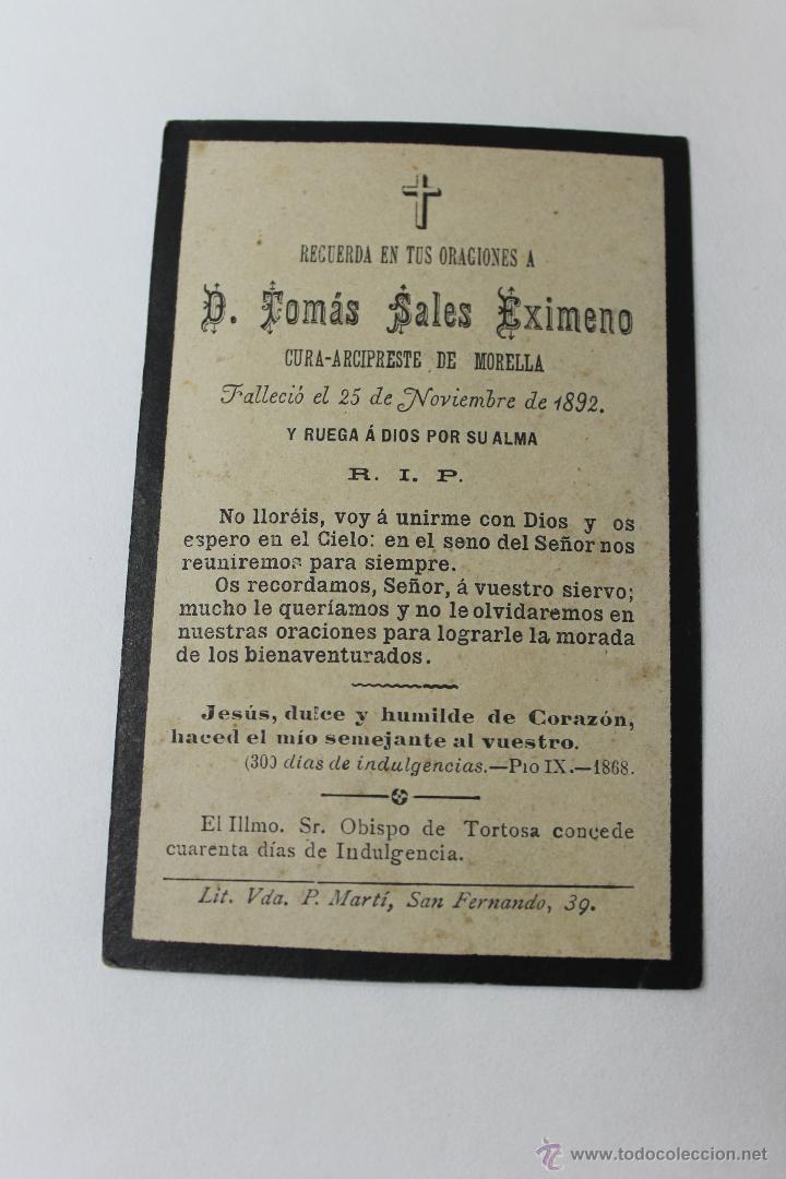 Documentos antiguos: RECORDATORIO DEFUNCION ARCIPRESTE DE MORELLA 1892 - Foto 2