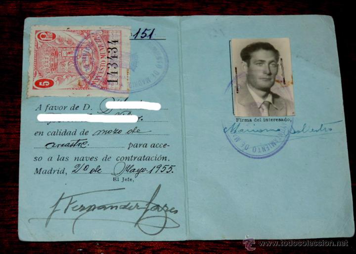 Alte Dokumente: TARJETA DE IDENTIDAD, CARNET, DEL MERCADO CENTRAL DE PESCADOS, AYUNTAMIENTO DE MADRID, A&Ntilde;O 1955, MOZ
