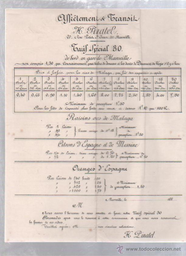 Old Documents: LISTA DE PRECIOS. H.PINATEL. MARSEILLE, FRANCIA. 1880. TARIFA ESPECIAL. UVAS, LIMONES Y NARANJAS.
