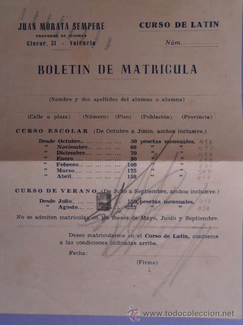 Documentos antiguos: BOLETIN DE MATRICULA CURSO DE LATIN VALENCIA