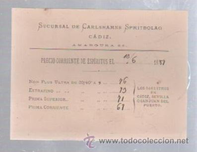 Old Documents: LISTA DE PRECIOS. SUCURSAL DE CARLSHAMNS SPRITBOLAG. CADIZ. 1887.vinos