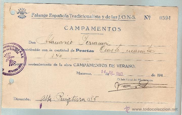 Documentos antiguos: RECIBO FALANGE ESPA&Ntilde;OLA TRADICIONALISTA Y DE LAS J.O.N.S A&Ntilde;O 1943, CAMPAMENTOS