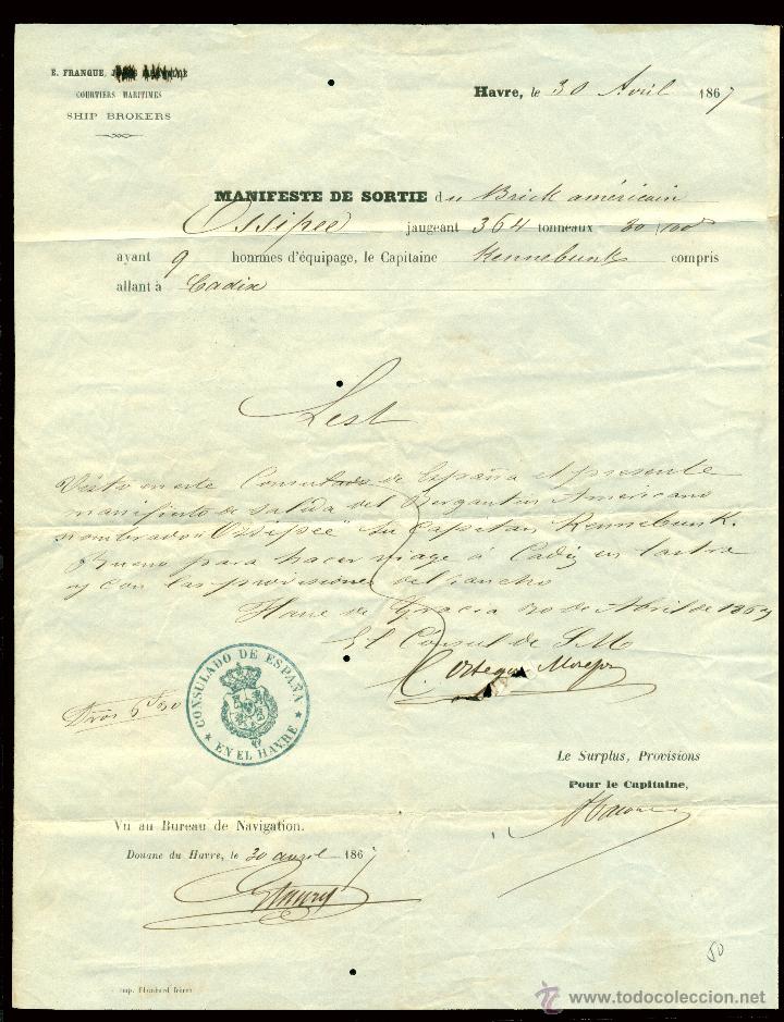 Documentos antiguos: TC1394. DOCUMENTO 1862 DEL CONSULADO DE ESPA&Ntilde;A EN EL HAVRE - Foto 1