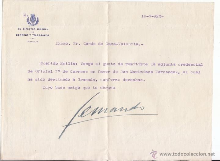 Documenti antichi: CARTA DE FERNANDO BAR&Oacute;N. DIRECTOR DE CORREOS. 1920. GRANADA. FUE ALCALDE DE SEVILLA.