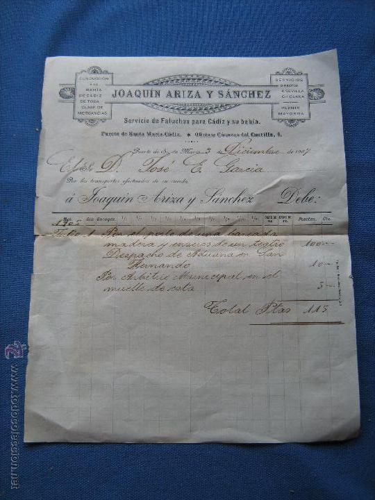 Documentos antiguos: FACTURA DE 1905 - JOAQUIN ARIZA Y SANCHEZ - PUERTO DE SANTA MARIA