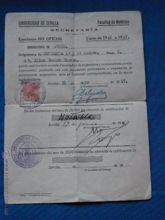 Documentos antiguos: DOCUMENTO UNIVERSIDAD DE SEVILLA - CALIFICACION - FACULTAD DE MEDICINA - 1947