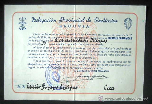 Documentos antiguos: DELEGACI&Oacute;N PROVINCIAL DE SINDICATOS. COCA. SEGOVIA 1944. ENVIO INCLUIDO.