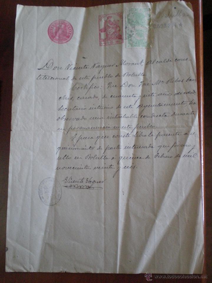 Old Documents: 1926 BOLULLA (ALICANTE) CERTIFICADO DEL ALCALDE DE CONDUCTA DEL SECRETARIO INTERINO