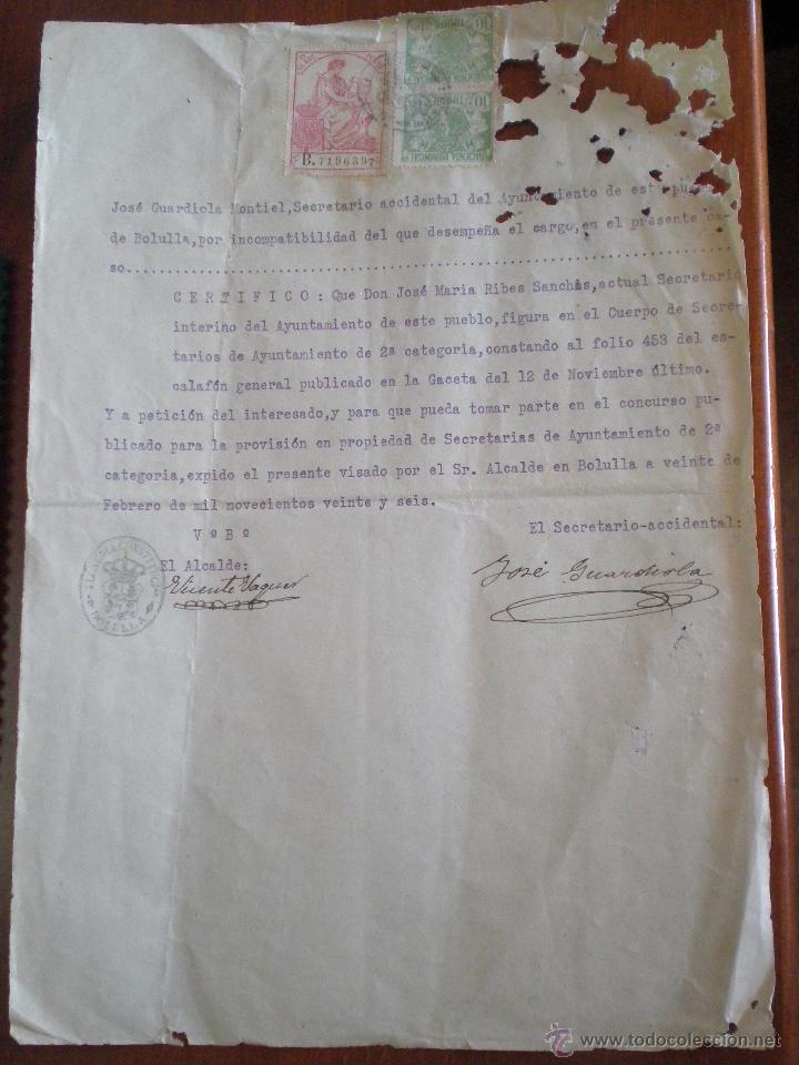 Old Documents: 1926 BOLULLA (ALICANTE) CERTIFICADO DEL ALCALDE DE CONDUCTA DEL SECRETARIO INTERINO