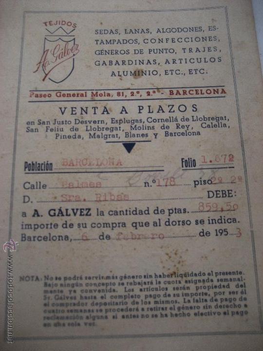 Documentos antiguos: Tejidos A.Galvez. Barcelona. Cartilla de venta plazos 1953