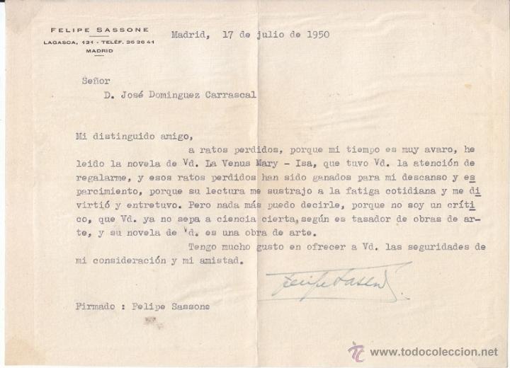 Documenti antichi: CARTA CON LA FIRMA AUT&Oacute;GRAFA DEL ESCRITOR FELIPE SASSONE. 1950