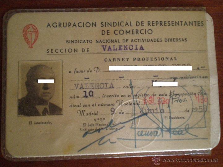 Old Documents: 1958 VALENCIA. CARNET PROFESIONAL SINDICAL DE REPRESENTANTES DE COMERCIO