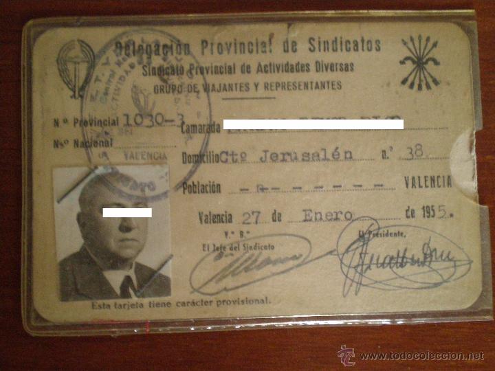 Old Documents: 1955 VALENCIA. TARJETA IDENTIDAD SINDICATO ACTIVIDADES DIVERSAS VIAJANTES Y REPRESENTANTES. CNS