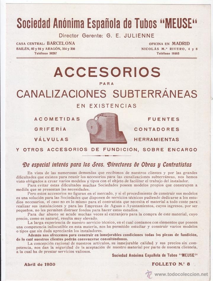 Documenti antichi: D&Iacute;PTICO PUBLICITARIO. TUBOS MEUSE. ACCESORIOS PARA CANALIZACIONES SUBTERR&Aacute;NEAS. 1930