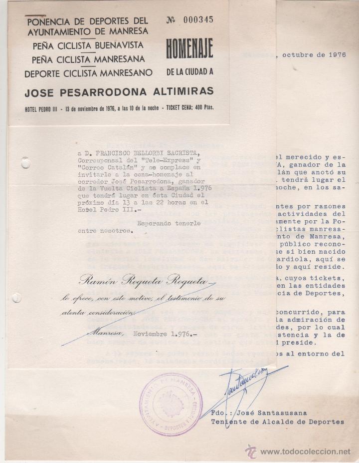 Documentos antiguos: carta de homenaje al corredor manresano jose pesarrodona campeon de espa&ntilde;a ciclismo 1976