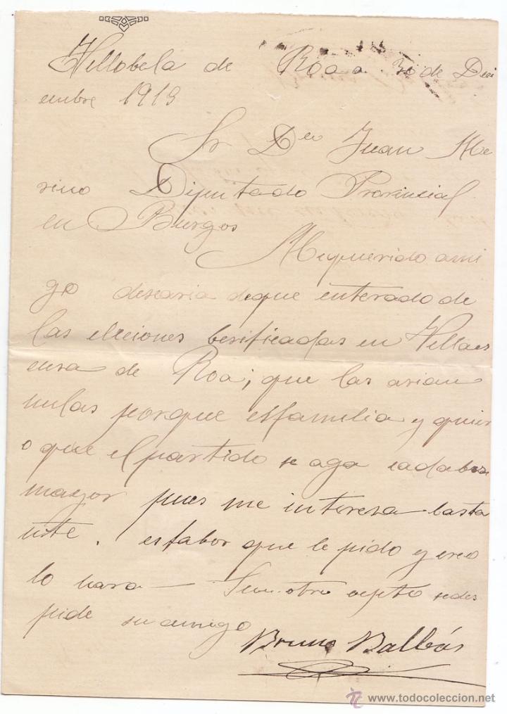 Documents Anciens: CARTA DE VILLOBELA DE ROA. BURGOS A DIPUTADO PROVINCIAL SOBRE ELECCIONES. 1913