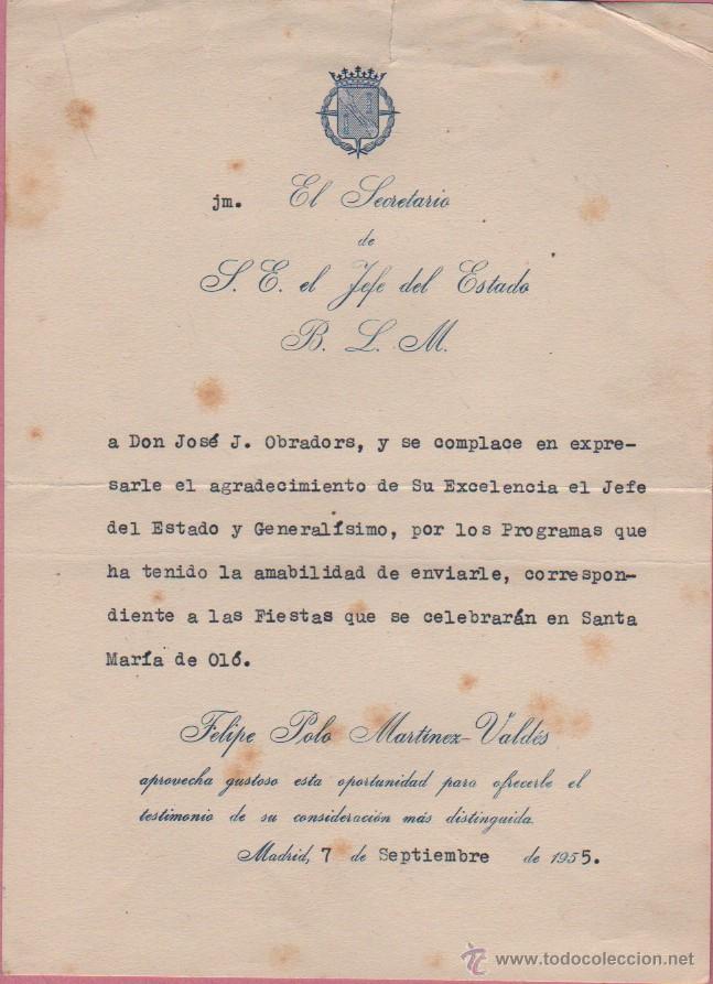 Carta agradecimiento del jefe del estado por lo - Comprar 