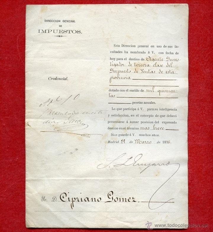 Documentos antiguos: 1876 Nombramiento agente investigador impuesto de ventas Madrid Direcci&oacute;n General de Impuestos