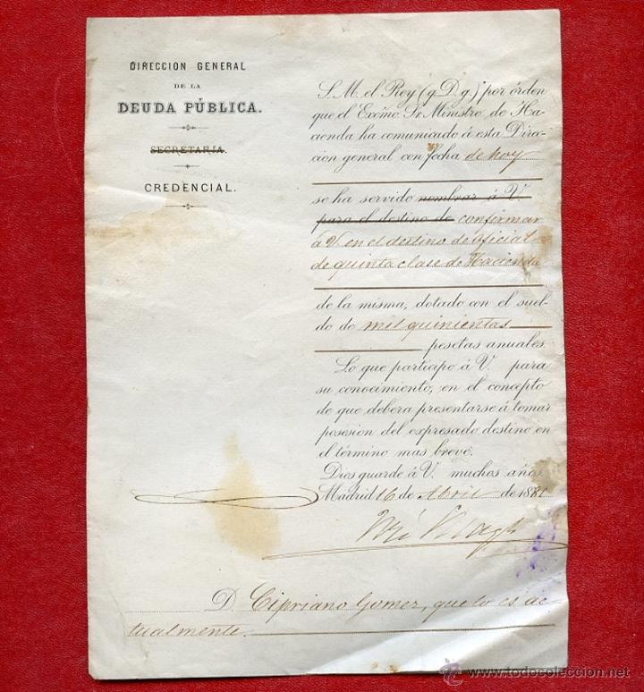 Documentos antiguos: 1889 Real Credencial Nombramiento Oficial Quinta Clase de Hacienda Madrid