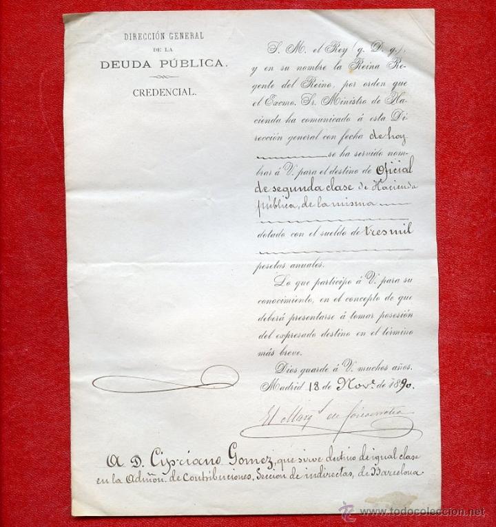 Documentos antiguos: 1890 Credencial real nombramiento Oficial Segunda Clase de Hacienda Madrid