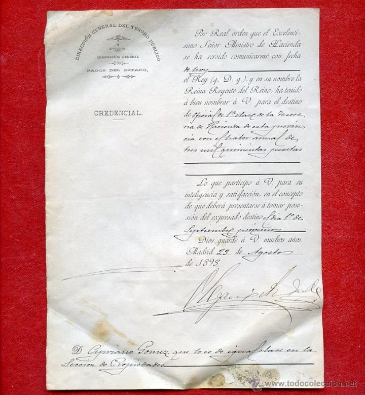 Documentos antiguos: 1893 Credencial Real Nombramiento Oficial primera clase Hacienda Madrid