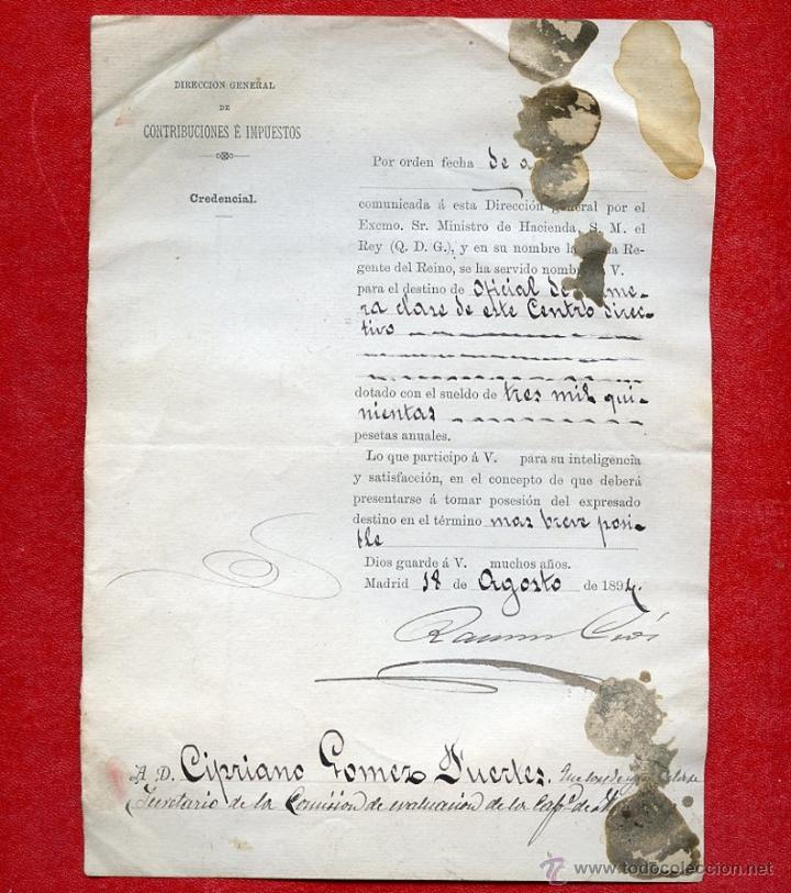 Documentos antiguos: 1894 Credencial Real Nombramiento Oficial Primera Clase D. General Contribuciones e Impuestos Madrid