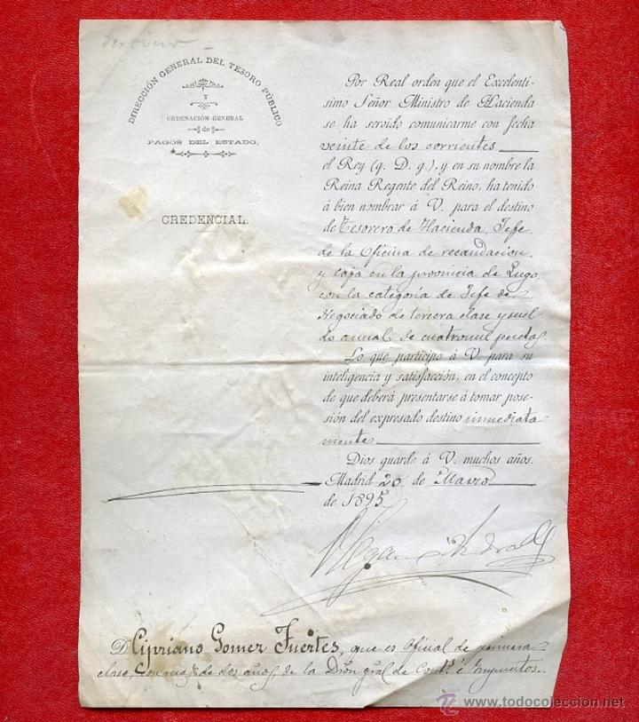 Documentos antiguos: 1895 Credencial Real Nombramiento Tesorero de Hacienda de Lugo Madrid