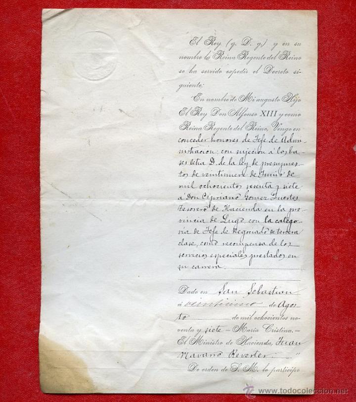 Documentos antiguos: 1897 Real Nombramiento de Jefe de Administraci&oacute;n Firma Ministro de Hacienda