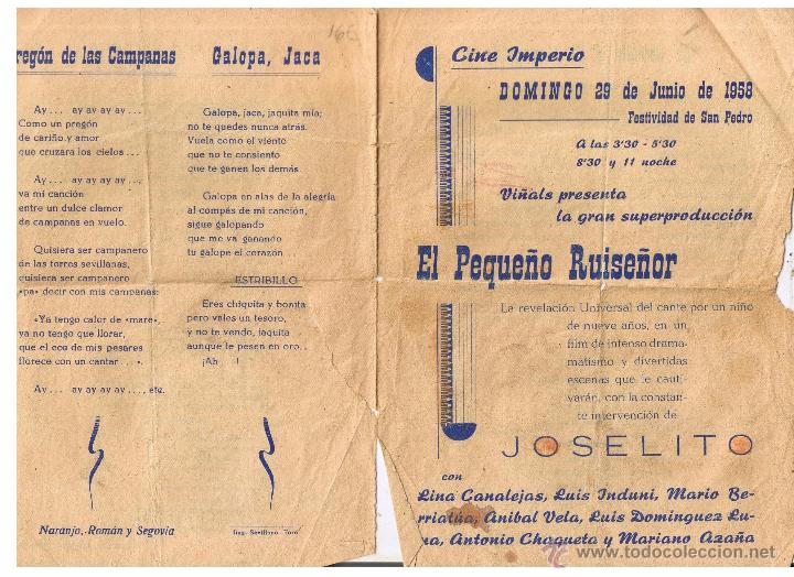 Documentos antiguos: CINE IMPERIO. VI&Ntilde;ALS PRESENTA: EL PEQUE&Ntilde;O RUISE&Ntilde;OR. JOSELITO. DOMINGO 29 JUNIO 1958.  (C/A41)