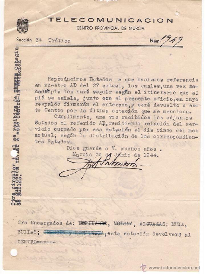 Documentos antiguos: telecomunicaci&oacute;n. provincial de murcia.a&ntilde;o 1944 - Foto 1