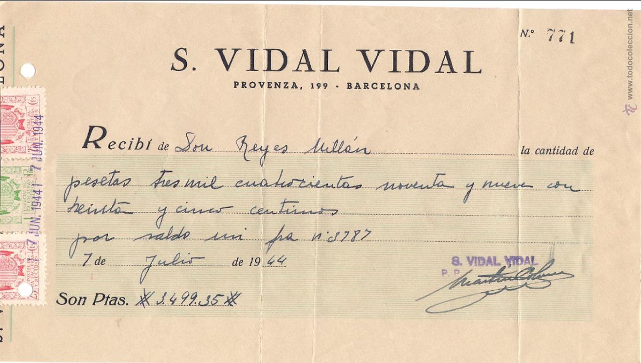 Documentos antiguos: s.vidal vidal,. barcelona . (7-julio-1944) - Foto 1