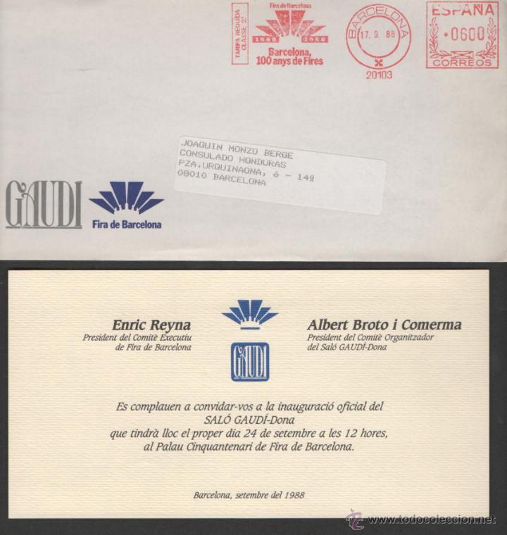 Documentos antiguos: SOBRE E INVITACION FIRA BARCELONA GAUDI 1988 ORIGINAL DESTINATARIO CONSULADO HONDURAS