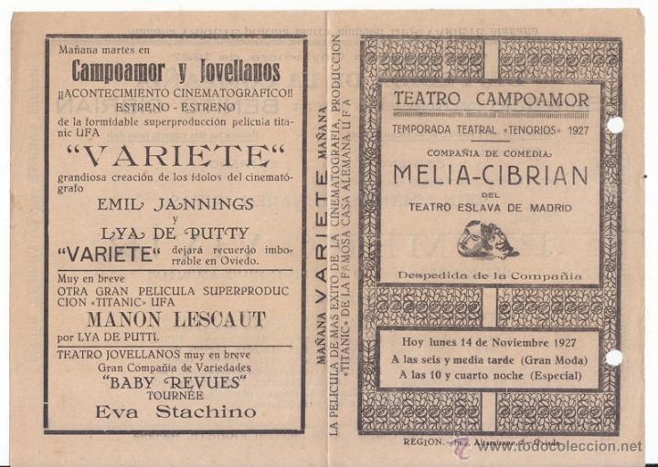 Documents Anciens: D&Iacute;PTICO TEATRO CAMPOAMOR. OVIEDO. COMPA&Ntilde;&Iacute;A MELIA-CIBRIAN. 1927. ASTURIAS.
