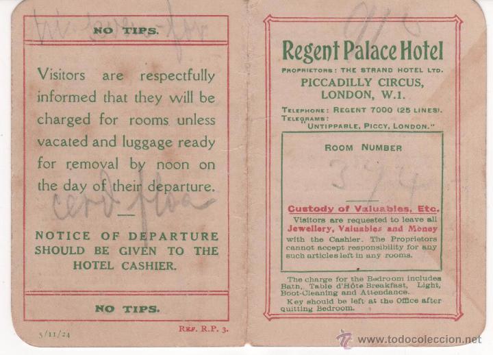 Documentos antiguos: Antiguo resguardo habitaci&oacute;n del Hotel Regent Palace en Picadilly Circus. Londres 1924