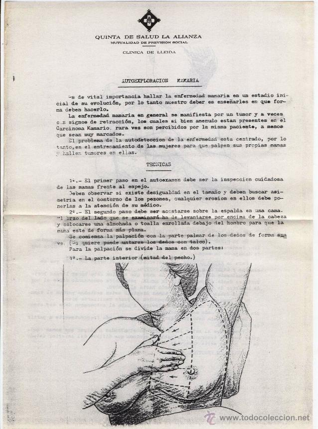 Documentos antiguos: QUINTA DE SALUD LA ALIANZA, LLEIDA, HOJA DE AUTOEXPLORACION MAMARIA (A&Ntilde;OS 80)