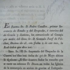Documentos antiguos: REAL ORDEN POR LA CUAL SE MANDA CANTAR UN TE DEUM POR EL ÉXITO EN LA BATALLA DE WILUMA. 1816.