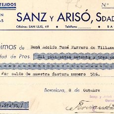 Documentos antiguos: RECIBO DE 1945 DE SANZ Y ARISÓ DE BARCELONA A VILLANUEVA DE LA VERA. FABRICA DE TEJIDOS. Lote 51993692