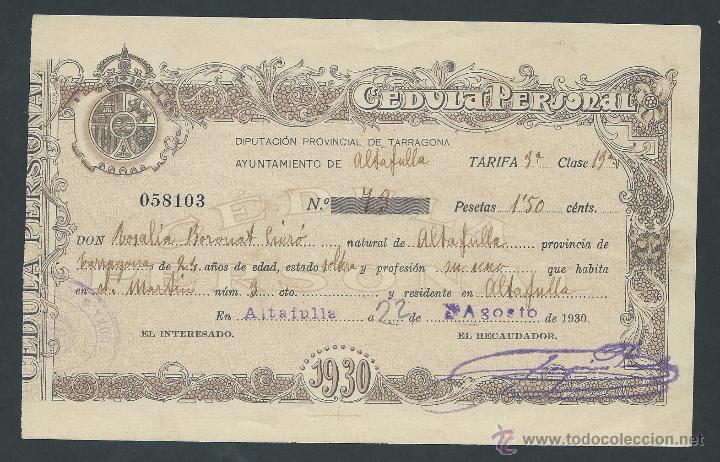 Documents Anciens: cedula personal a&ntilde;o 1930 clase 13 tarragona