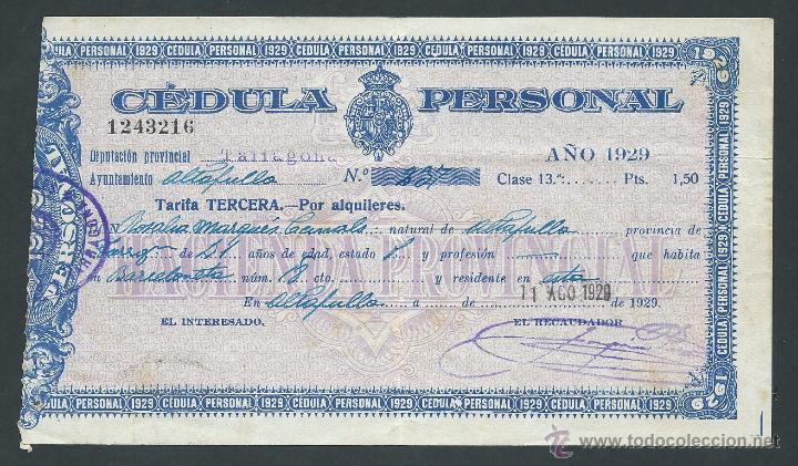 Documents Anciens: cedula personal a&ntilde;o 1929 clase 13 tarragona