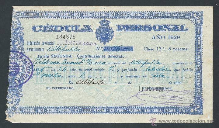 Documents Anciens: cedula personal a&ntilde;o 1929 clase 12 tarragona