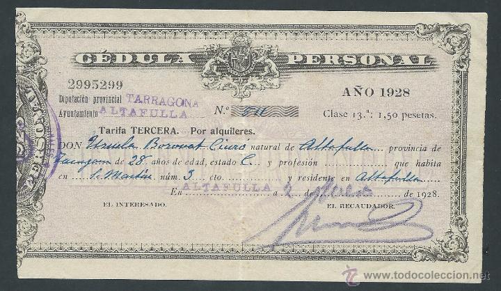 Documents Anciens: cedula personal a&ntilde;o 1928 clase 13 tarragona