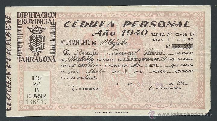 Documents Anciens: cedula personal a&ntilde;o 1940 clase 13 tarragona