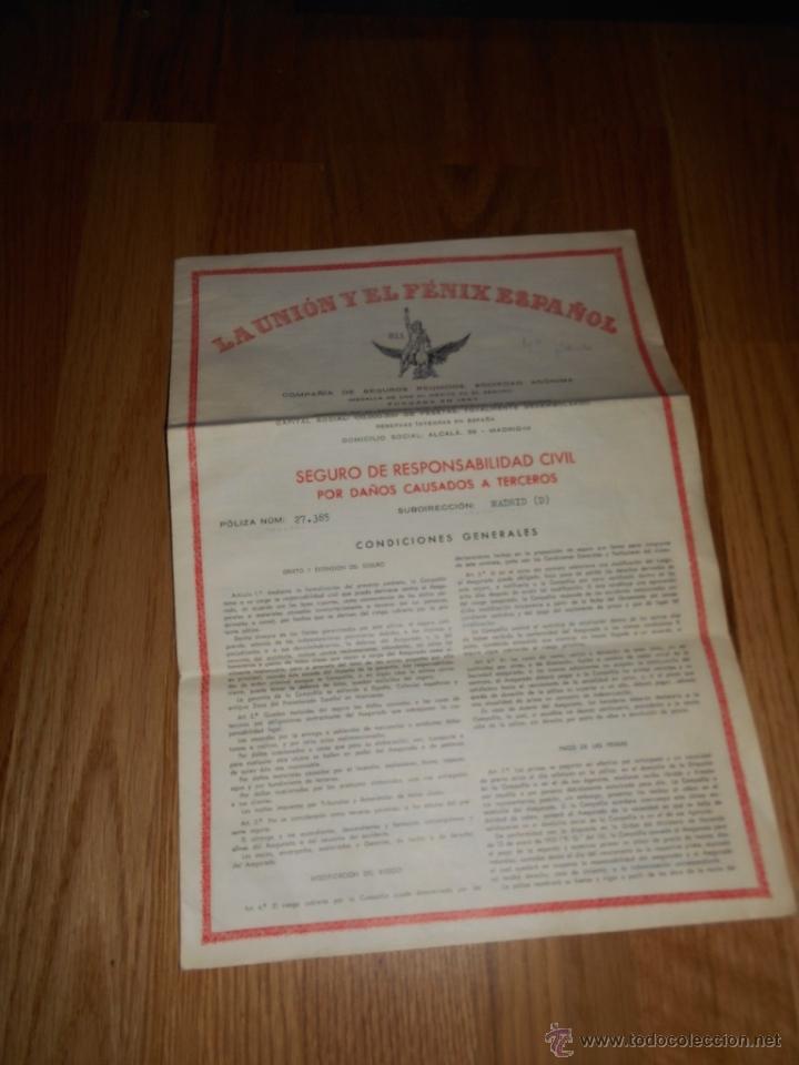 Documentos antiguos: P&Oacute;LIZA DE SEGURO LA UNI&Oacute;N Y EL F&Eacute;NIX ESPA&Ntilde;OL POR RESPONSABILIDAD CIVIL 1969 EUROPE MENETRIER