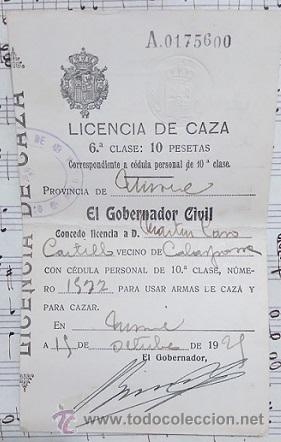 Documentos antiguos: LICENCIA DE CAZA DE 1925 CALASPARRA MURCIA - Foto 1