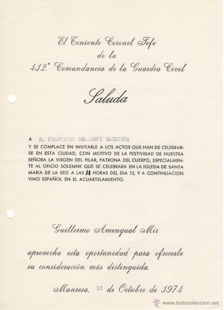 Documentos antiguos: carta del teniente coronel jefe de la 412 comandancia de la guardia civil manresa 1974- virgen pilar