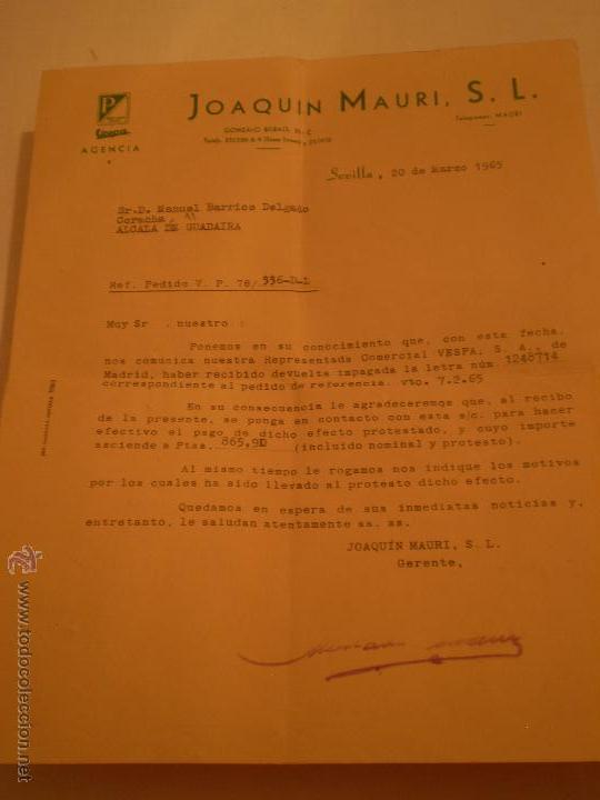 Documentos antiguos: ANTIGUA CARTA DEVOLUCION DE LETRA.AGENCIA VESPA.JOAQUIN MAURI S.L.ALCALA DE GUADAIRA SEVILLA.1965