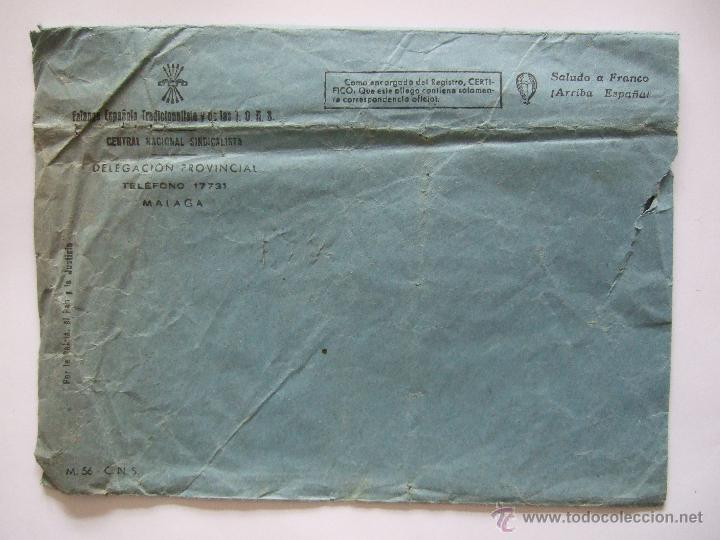 Documentos antiguos: SOBRE CON MEMBRETE FALANGE - CENTRAL NACIONAL SINDICALISTA - MALAGA