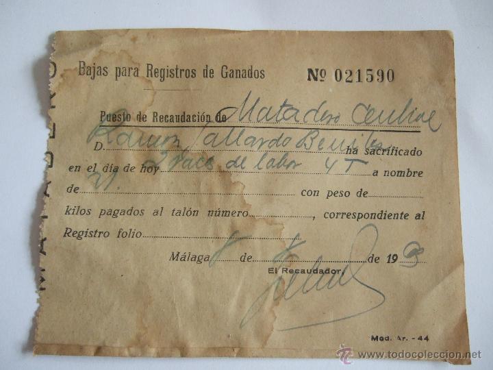 Documentos antiguos: DOCUMENTO BAJAS PARA REGISTROS DE GANADO - MATADERO CENTRAL MALAGA - A&Ntilde;OS 60