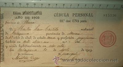 Documentos antiguos: CALASPARRA 1903 CEDULA PERSONAL MURCIA - Foto 1